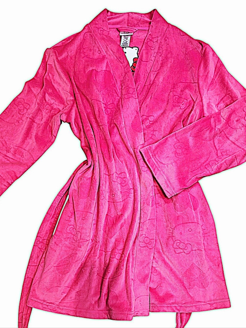 Hello Kitty Embrodried Hearts Faces Logo Plush Kimono Robe- Pink